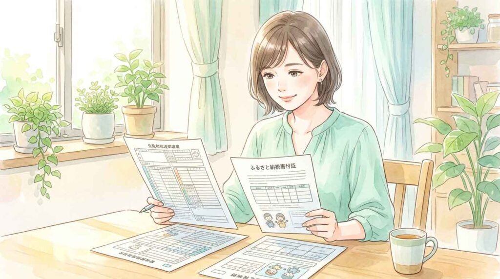 住民税通知書とふるさと納税の書類を並べて確認する女性のイラスト
