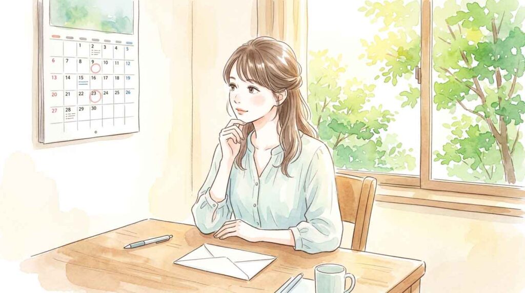 カレンダーと封筒を前にスケジュールを確認している女性のイラスト