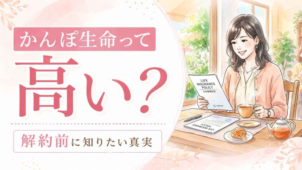 お茶を飲みながらリラックスして保険証券を見る女性の水彩画イラスト