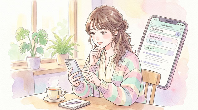 ▶スマホで情報を調べる女性のイラスト