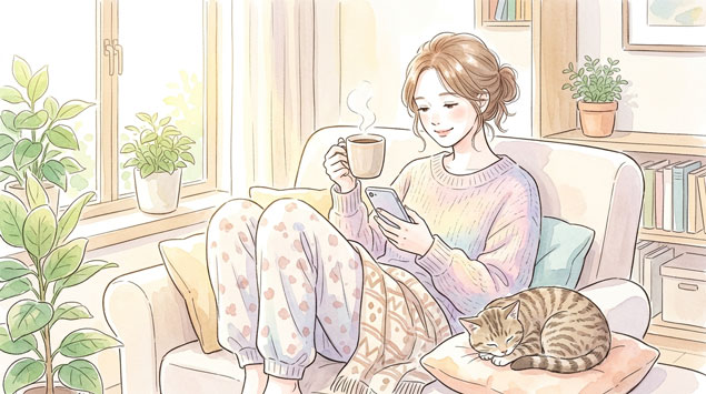▶休日にくつろぎながら楽しむ女性のイラスト