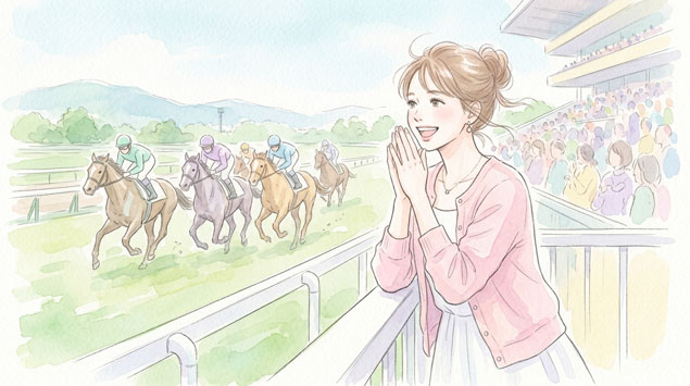 ▶競走馬を応援する女性のイラスト