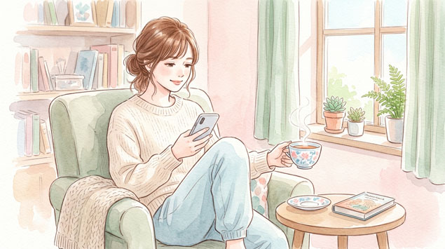 ▶おうち時間を楽しむ女性のイラスト