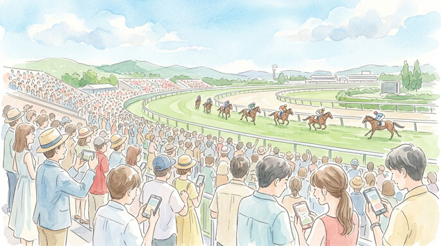 ▶にぎわう競馬場とスマホで観戦する人のイラスト