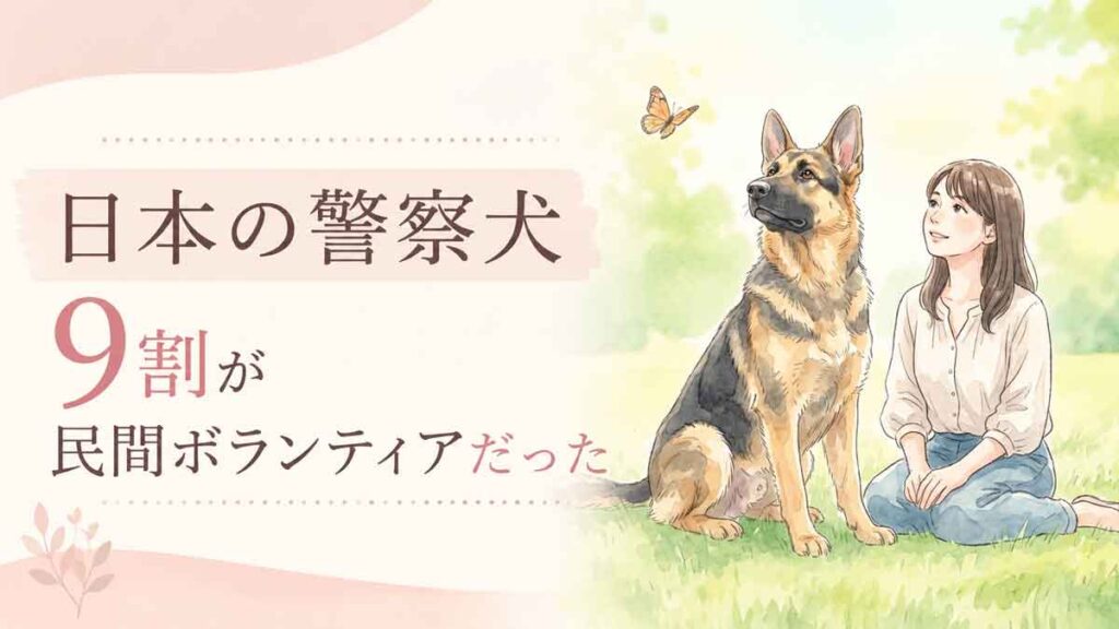 公園でジャーマン・シェパードと並んで立ち、遠くを見つめる30代の日本人女性のイラスト