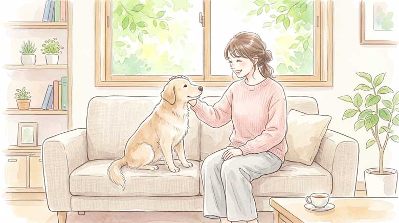 ソファに座り犬の頭を優しく撫でながらほほえむ日本人女性のイラスト
