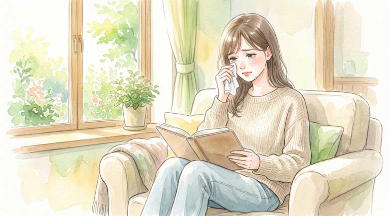 窓のある明るい部屋で感動して涙をぬぐう日本人女性のイラスト（初夏の光）