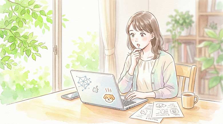 スマホやパソコンの画面の前で驚いた表情をしながら顎に手を当てて考える日本人女性のイラスト