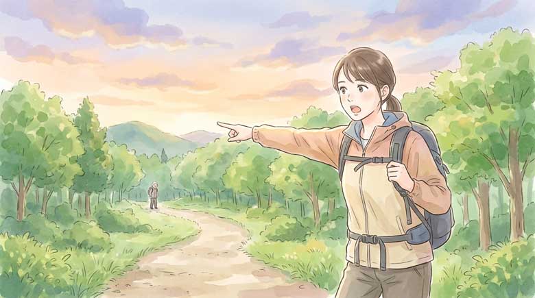 夕暮れの山道で不安そうな表情で立つ老人を遠くで見つけ、指さす30代の日本人女性のイラスト