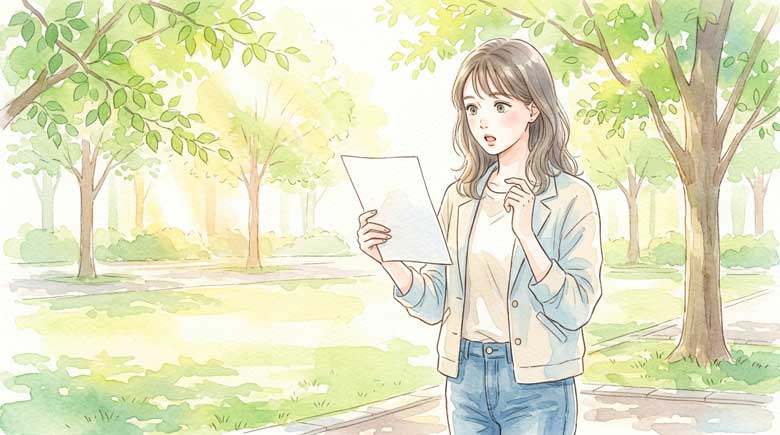  書類を手に持ちながら驚いた表情で立つ日本人女性のイラスト（初夏の緑の背景）