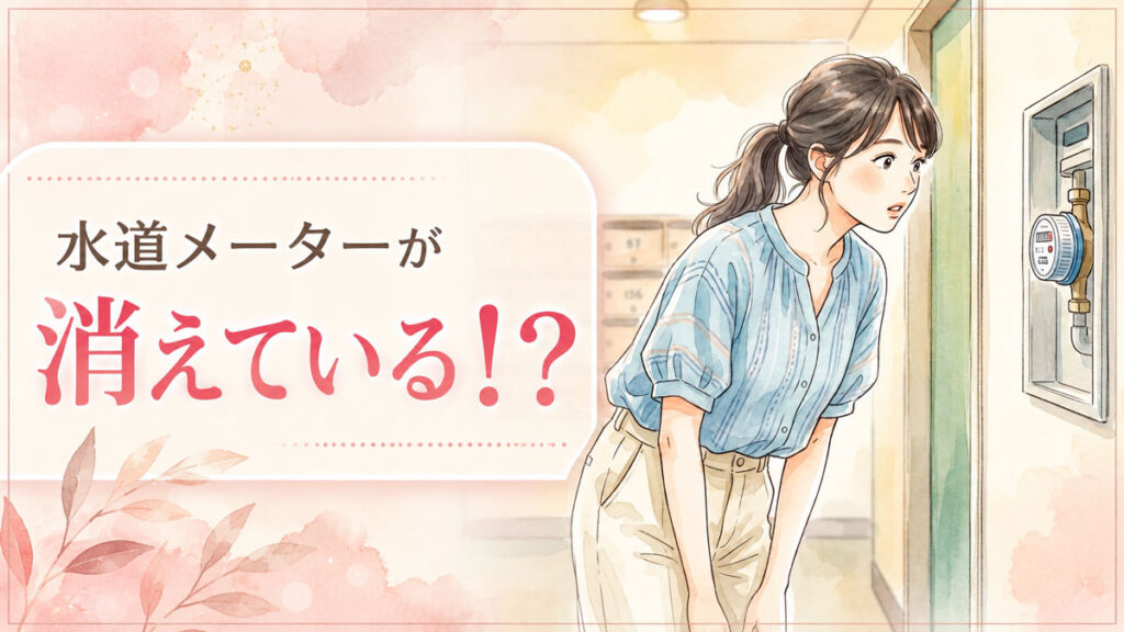 集合住宅の廊下で水道メーターを確認する女性のイラスト