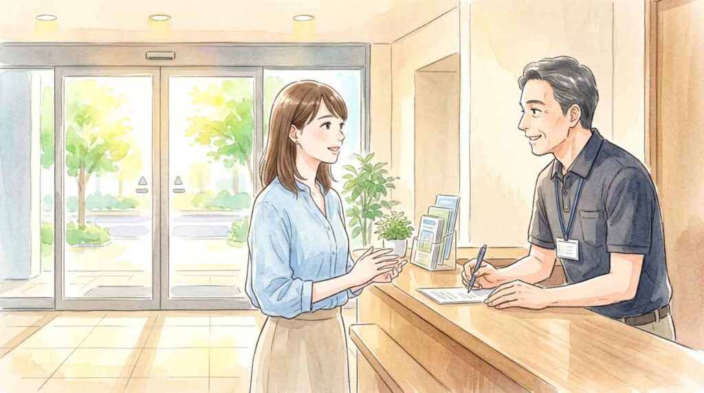 集合住宅の管理人に相談している女性のイラスト