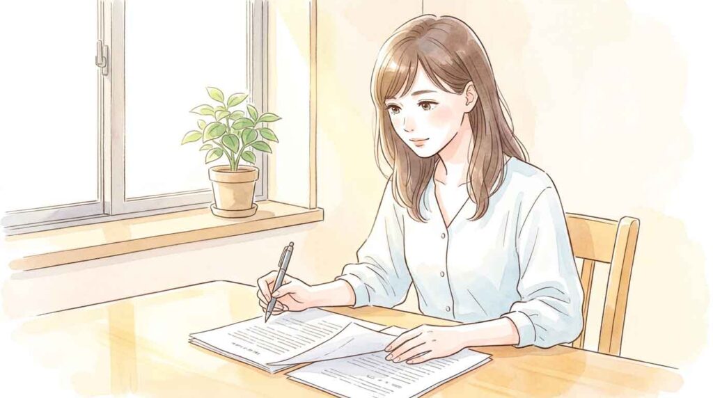 法律の書類を確認している女性のイラスト