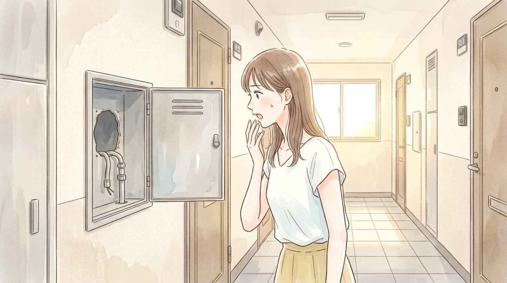 集合住宅の共用廊下で驚いた表情の女性のイラスト