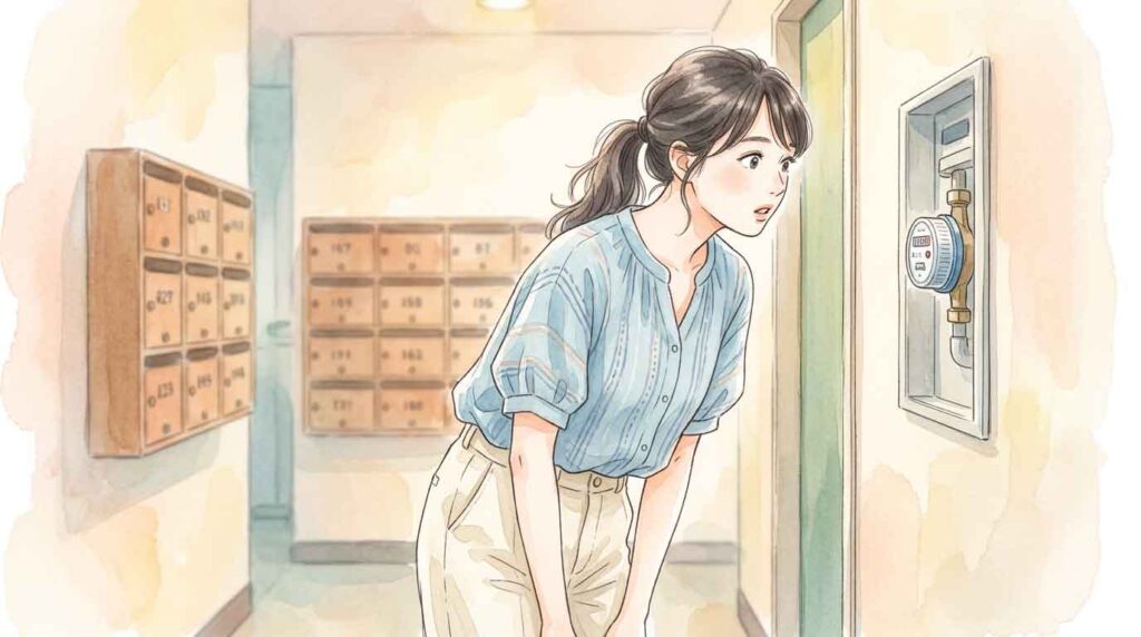 集合住宅の廊下で水道メーターを確認する女性のイラスト