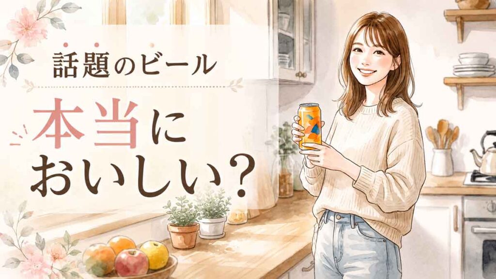 オレンジ色のビール缶を手に持ち、笑顔でキッチンに立つ女性のイラスト