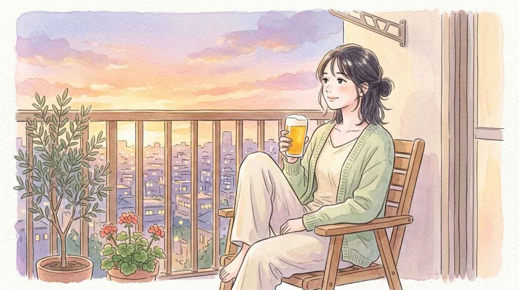 夕暮れ時にグラスに注いだビールを眺めながらくつろぐ女性のイラスト
