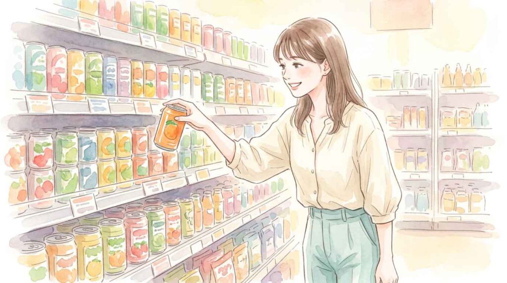 スーパーの棚のビールコーナーでオレンジ色の缶を手に取る女性のイラスト