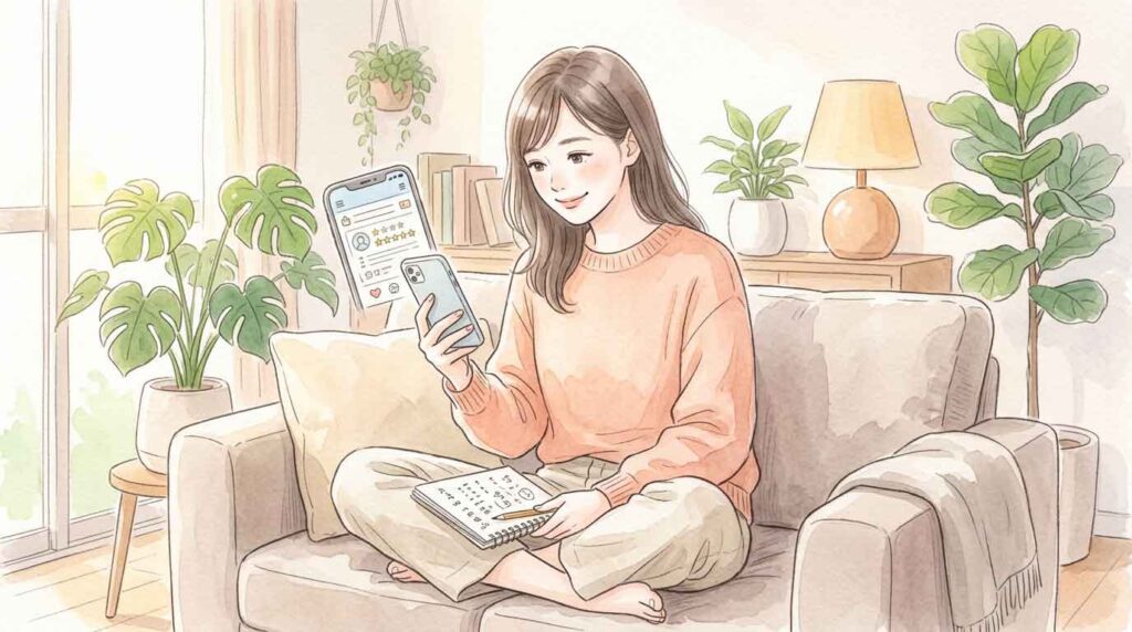 スマートフォンでレビューを読みながら感心した表情の女性のイラスト