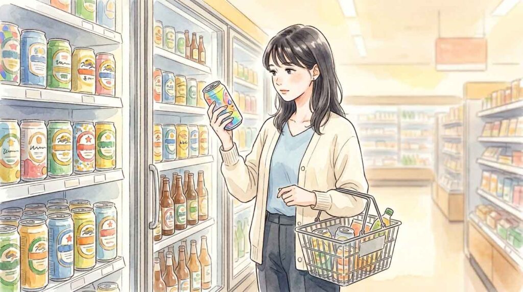 3本のビール缶を並べて見比べている女性のイラスト
