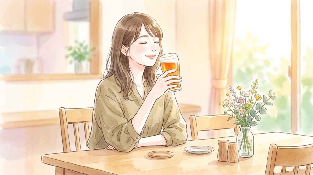 テーブルの上に置かれたオレンジ色のビール缶と、フルーティな香りを楽しむ女性のイラスト