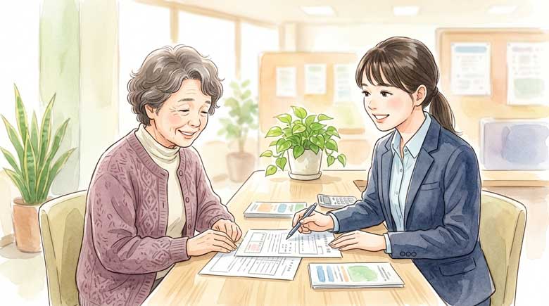 自治体の窓口で相談する高齢女性と担当者のイラスト