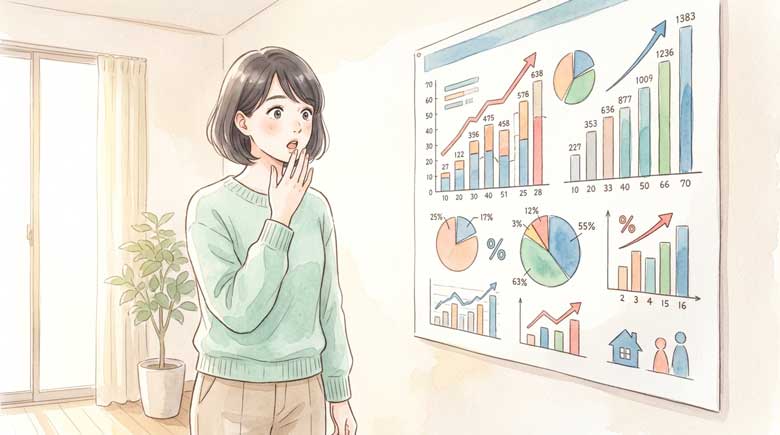 データグラフを前に真剣な表情で考える女性のイラスト