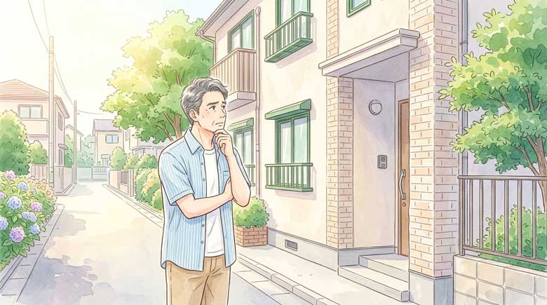 賃貸住宅の前で考え込む大家さんのイラスト