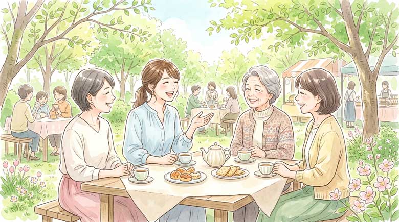地域のコミュニティイベントで笑顔で交流する女性たちのイラスト