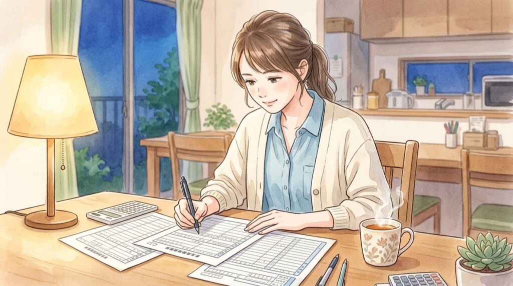 年末調整の書類をテーブルに広げて記入する女性のイラスト