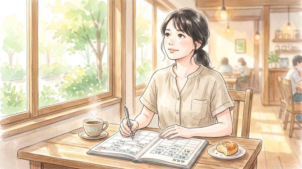 手帳にシフト表と年収を書き込みながら考える女性のイラスト