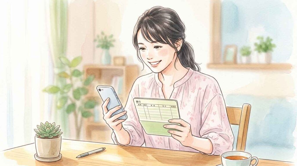 通帳を開いて給付金の入金を確認してほっとする女性のイラスト