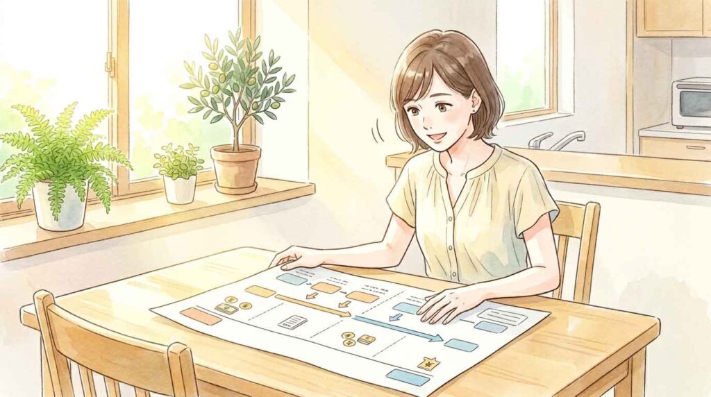税制改正の年表を眺めてうなずく女性のイラスト