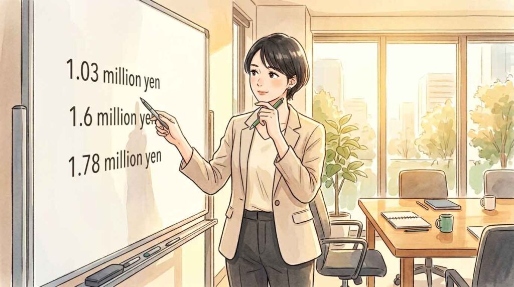 ホワイトボードに年収の壁の数字を書いて考える女性のイラスト