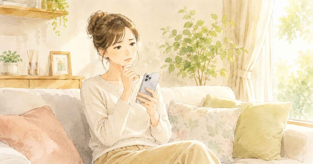 スマートフォンでニュースを見て眉をひそめる女性のイラスト