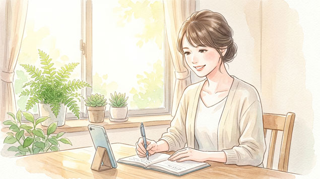 PIC6 | alt: 家計簿とスマートフォンで保険料を確認する女性のイラスト