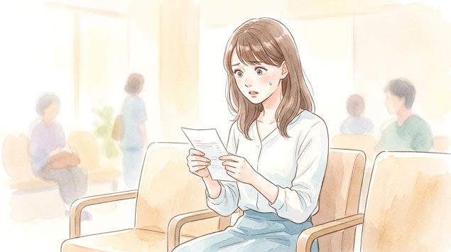 PIC5 | alt: 医療費の領収書を前に驚いた表情の女性のイラスト