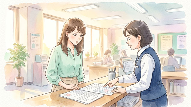 PIC4 | alt: 厚生労働省の書類と法律の本を前に考える女性のイラスト