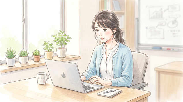  一般社団法人の会議室でパソコンを見る女性のイラスト
