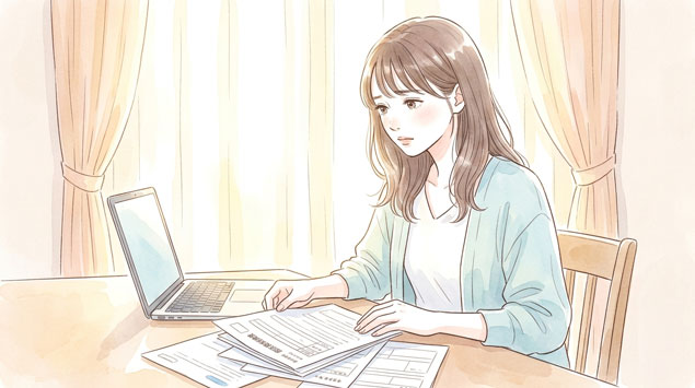 国民健康保険の書類を前に悩む女性のイラスト