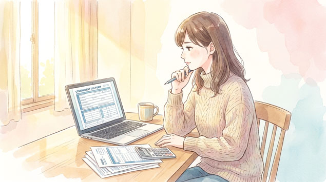  確定申告の書類とパソコンを前に考えている日本人女性