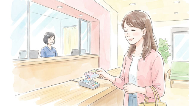 病院受付でマイナンバーカードをかざしている日本人女性