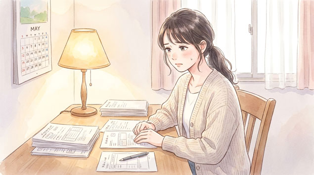 書類を机の上に広げて確認している日本人女性
