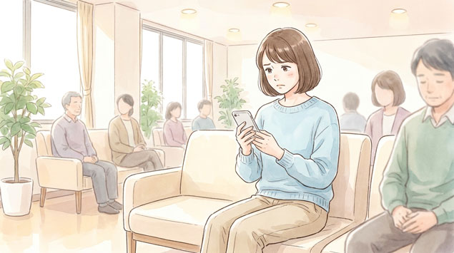 病院の待合室でスマートフォンを確認している日本人女性