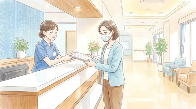 病院の受付窓口で書類を受け取る日本人女性