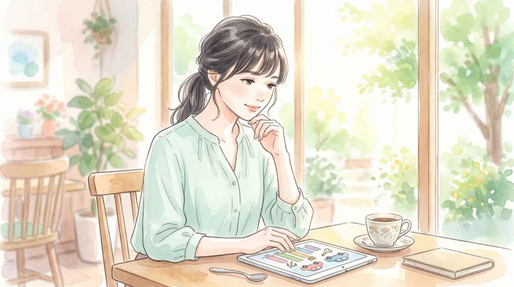  スマートフォンでランクルFJの維持費を計算しながら考える女性のイラスト