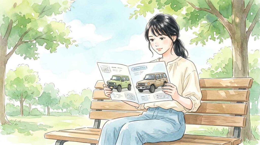ジムニーシエラとランクルFJのシルエットを比べて考え込む女性のイラスト