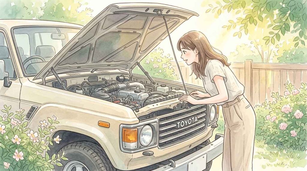 ランクルFJのエンジンルームを眺めながら感心した表情の女性イラスト