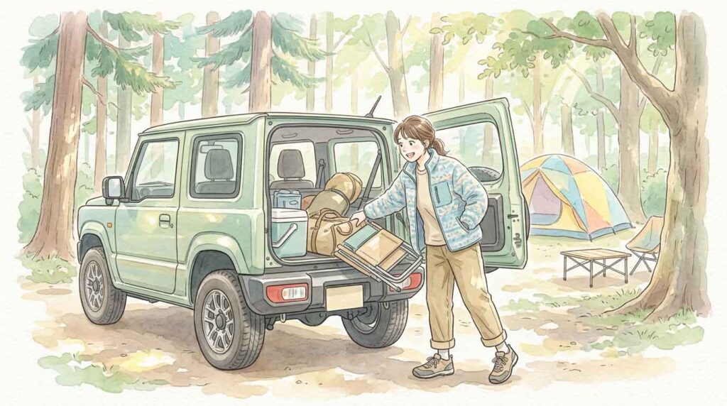 キャンプ場でランクルFJのリアゲートを開けてギアを取り出す女性のイラスト