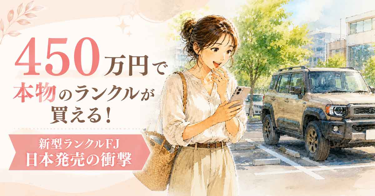 スマートフォンで新型ランクルFJの発表ニュースを見て驚く女性